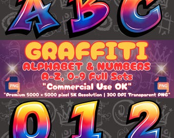 Graffiti-Alphabet (PNG), Buchstaben im Stil der 90er-Jahre-Streetart, Skateboard-Sublimationsschrift, Urban-Hip-Hop-Zahlen, Retro-Farbverlauf-Clipart, Kommerzielle Nutzung