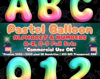 Pastellfarbenes Ballon-Alphabet (PNG), Regenbogen-Buchstaben-Clipart, Schriftart für den 1. Kindergeburtstag, Zahlen für die Babyparty (Sublimation), Kommerzielle Nutzung