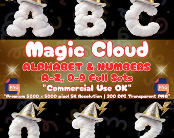 Magisches Wolkenalphabet (PNG), 3D-Zauberhut-Schriftart (Clipart), Flauschige Wetterbuchstaben für Sublimation, Niedliche Kinderzimmer-Typografie, Kommerzielle Nutzung (5K)