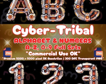 Cyberpunk-Stammesalphabet (PNG), futuristische Mecha-Schriftart (Clipart), Sci-Fi-Gaming-Buchstaben für Sublimation, Streamer-Typografie, kommerzielle Nutzung