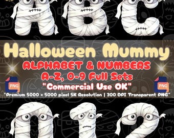 Halloween-Mumien-Alphabet (PNG) – Niedliche, gruselige Buchstaben-Cliparts für Süßes oder Saures – Sublimationsschriftart für Kinder-T-Shirts – Zahlen für kommerzielle Nutzung – Basteldateien
