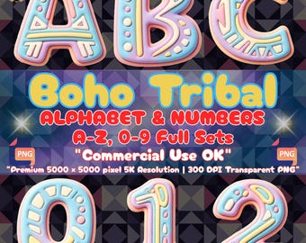 Boho-Tribal-Alphabet (PNG), Pastellfarbene Aztekenbuchstaben, Schriftart für das „Wild One“-Geburtstagsshirt (1. Geburtstag), Namensschild-Clipart fürs Kinderzimmer, 3D-Sublimationsdesign