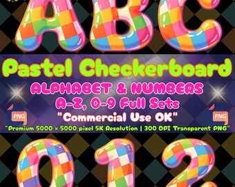 Pastellfarbenes Schachbrett-Alphabet (PNG), Retro-Schriftart im Y2K-Stil, coole Buchstaben-Cliparts, Sublimations-Becherfolie, T-Shirt-Design im 90er-Jahre-Look