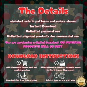 May include: A digital download information graphic with a Christmas-themed background featuring red ornaments, candy canes, and stars. The text outlines details for alphabet sets, usage rights, and a four-step guide for downloading and printing files.