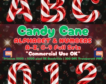 May include: A digital graphic set featuring letters A, B, C and numbers 0, 1, 2 rendered in a red and white candy cane striped pattern. The text reads Candy Cane ALPHABET & NUMBERS A-Z, 0-9 Full Sets Commercial Use OK Premium 5000 x 5000 pixel 5K Resolution.