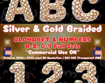 Geflochtenes Alphabet in Silber und Gold (PNG), luxuriöse 3D-Hochzeitsbuchstaben, Schriftart „Royal Rope“ (Clipart für Sublimation), individuelle Schmucktypografie (5K)