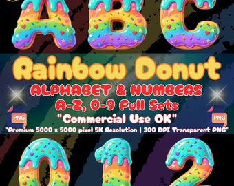 Regenbogen-Donut-Alphabet (PNG), Süße Streusel-Schriftart (Clipart), Donut-Geburtstags-Shirt „Erwachsenwerden“, Zuckergussbuchstaben, Kinderparty-Sublimation