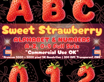 Erdbeer-Alphabet (PNG), süße Beerenbuchstaben-Cliparts, sommerliche Fruchtschrift für Sublimation, Beeren-Dekoration zum ersten Geburtstag, kommerzielle Nutzung