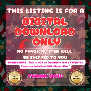 May include: A digital download notice featuring red text on a dark green background with Christmas-themed illustrations of stars, ornaments, and candy canes. The text reads: THIS LISTING IS FOR A DIGITAL DOWNLOAD ONLY. NO PHYSICAL ITEM WILL BE SHIPPED.