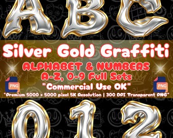 Graffiti-Alphabet in Silber und Gold (PNG), 3D-Chrom-Street-Art-Buchstaben, Metallic-Hip-Hop-Schriftart, Skater-Sublimationszahlen, Clipart für kommerzielle Nutzung