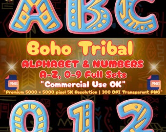 Boho-Tribal-Alphabet (PNG), Schriftart „Wild One Birthday“, Buchstaben im Aztekenmuster, Safari-Clipart, Camp-Sublimationsdesign, 3D-Buchstaben (PNG)
