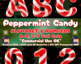 May include: A digital graphic set featuring the letters A, B, C and numbers 0, 1, 2 rendered in a red and white peppermint candy swirl pattern. The text reads Peppermint Candy ALPHABET & NUMBERS A-Z, 0-9 Full Sets Commercial Use OK 5000 x 5000 pixel.
