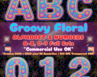 Grooviges Alphabet (PNG), Zwei coole Geburtstags-Shirt-Sublimationsmotive, Retro-Blumenschrift, Boho-Fiesta-Buchstaben, Hippie-Clipart, 3D-Design im mexikanischen Stil