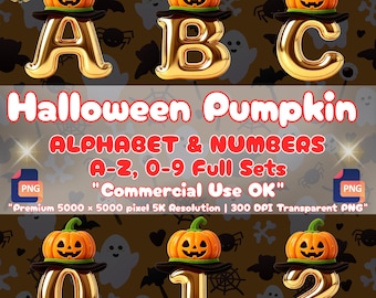 Halloween-Kürbis-Alphabet (PNG), Buchstaben-Clipart mit Goldfolienballons, gruselige Herbstschrift für Sublimation, Dekoration für Süßes oder Saures, kommerzielle Nutzung