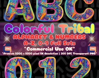 Farbenfrohes Stammesalphabet (PNG), Neonfarbene afrikanische Aztekenbuchstaben, Geometrische Sublimationsschrift der 90er Jahre, Regenbogen-Boho-Clipart, Zahlen für kommerzielle Nutzung