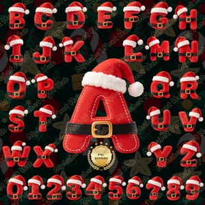 May include: A digital alphabet set featuring red letters and numbers designed to look like Santa Claus suits, complete with white fur trim and black belts with gold buckles. Each character is rendered in a puffy, 3D style against a dark background.