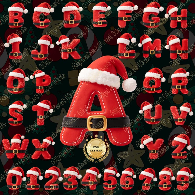 May include: A digital alphabet set featuring red letters and numbers designed to look like Santa Claus suits, complete with white fur trim and black belts with gold buckles. Each character is rendered in a puffy, 3D style against a dark background.