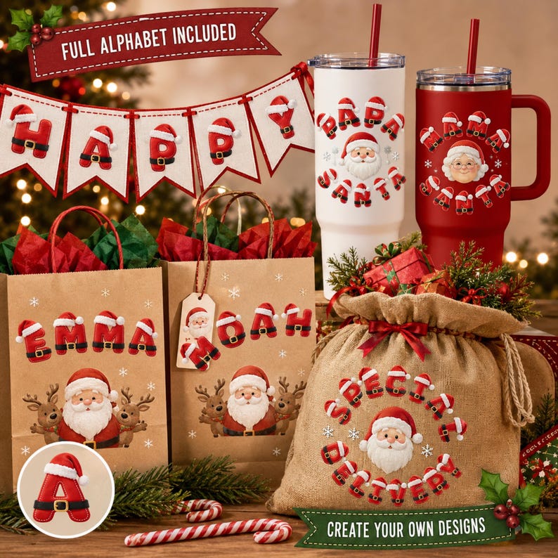 May include: Two tumblers with straws, two kraft paper gift bags, and a burlap sack featuring Santa Claus graphics and text. The white tumbler says Papa Santa, the red one says Mama, and the burlap sack says Special Delivery. Includes alphabet letters.