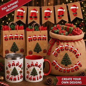 May include: A collection of Christmas-themed items including two brown paper gift bags with personalized names, a large burlap sack filled with wrapped gifts, and two white mugs. All items feature red Santa-themed letters and Christmas tree graphics.
