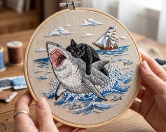Broderikit med svart katt och haj - knäppt havsstygn DIY-projekt