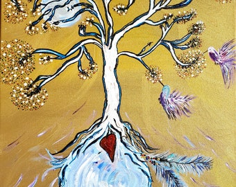 Tree of Life Birds Original Acrylic Painting 20"