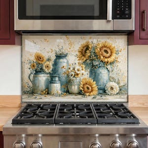May include: A rectangular kitchen backsplash panel featuring a printed illustration of yellow sunflowers in various blue and white ceramic vases. The artwork displays a collection of floral arrangements with green foliage against a light cream background.