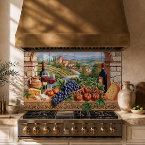 May include: A kitchen backsplash mural featuring a painted landscape of a vineyard with rolling hills, a stone archway, wine bottles, glasses, a cluster of purple grapes, red tomatoes, and wedges of cheese, set behind a stainless steel gas stove.
