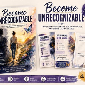 以下が含まれることがあります： Become Unrecognizableというタイトルの自己成長ワークブック。水彩画風の表紙には山岳風景に向かって歩く人物と蝶が描かれ、内側のページにはテキスト、振り返りのための質問、デジタルダウンロードアイコンが含まれています。