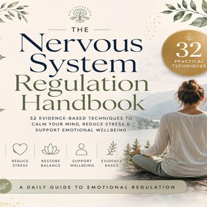 Könnte beinhalten: Das Nervous System Regulation Handbook zeigt den Titel in dunkler Schrift, einen goldenen Kreis mit 32 praktischen Techniken und fünf Symbole für Ruhe, Stressabbau, Gleichgewicht, Wohlbefinden und evidenzbasierte Unterstützung auf cremefarbenem Grund.