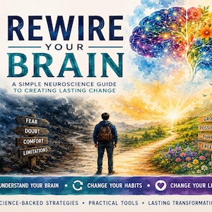 Könnte beinhalten: Ein Buchcover mit dem Titel Rewire Your Brain: A Simple Neuroscience Guide to Creating Lasting Change. Es zeigt eine Person, die zwischen einem dunklen, stürmischen Pfad mit Begriffen wie Angst, Zweifel, Komfort und Grenzen und einem hellen Pfad steht.