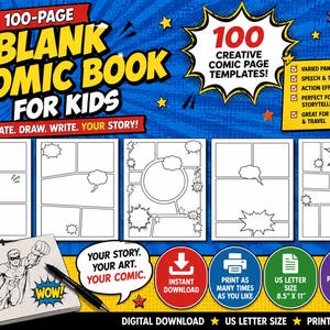 Puede incluir: Un libro de historietas en blanco de 100 páginas para niños con diseños de paneles variados, globos de texto y elementos de acción. La portada incluye el texto 100-PAGE BLANK COMIC BOOK FOR KIDS, CREATE. DRAW. WRITE. YOUR STORY! y US LETTER SIZE.
