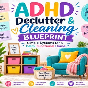 Peut inclure: Un graphique numérique intitulé ADHD Declutter & Cleaning Blueprint avec du texte et des icônes colorés. Il présente une étagère en bois avec quatre bacs de rangement, un fauteuil bleu sarcelle avec un coussin cœur jaune, un panier et une table.