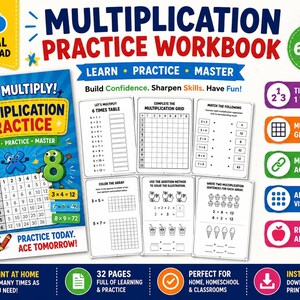 May include: A digital multiplication practice workbook for children aged 6-10 years. The cover features colourful numbers, a multiplication grid, and the text Let's Multiply! Multiplication Practice. Includes pages for times tables, grids, and matching activities.