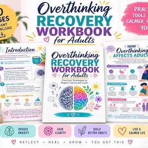 Peut inclure: Un cahier d'exercices intitulé Overthinking Recovery Workbook for Adults, comprenant 30 pages. La couverture présente une illustration d'un cerveau divisé, moitié gribouillé et moitié coloré, avec du texte détaillant des stratégies pour retrouver le calme.