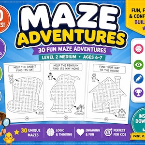 May include: A digital activity book titled Maze Adventures featuring 30 mazes for ages 6-7. The cover displays three sample pages: a rabbit finding a hat, a penguin finding its way home, and a path to a house. Includes icons for digital download.