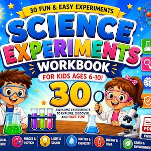 May include: A colorful science experiments workbook for kids ages 6-10 featuring the title 30 Fun & Easy Experiments. The cover displays two cartoon characters in lab coats with test tubes, a microscope, and icons for various science topics.