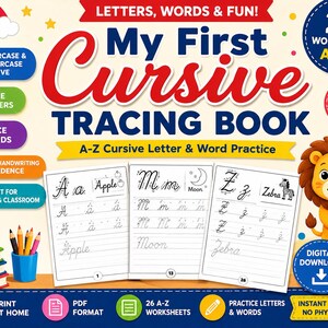 Op de afbeelding: Een My First Cursive Tracing Book met 26 A-Z werkbladen voor het oefenen van letters en woorden. De omslag toont cursieve voorbeelden, een leeuw met een blauw potlood en tekst die aangeeft dat het een digitale download is voor 5-8+ jarigen.