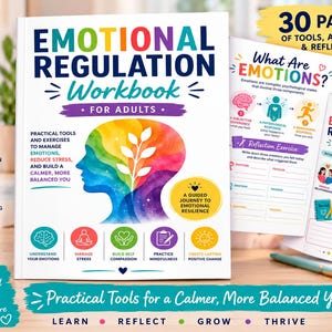 Peut inclure: Un cahier d'exercices blanc intitulé Emotional Regulation Workbook for Adults présentant une silhouette de tête humaine en aquarelle colorée avec un motif végétal. La couverture inclut du texte sur des outils pratiques et 30 pages d'activités.