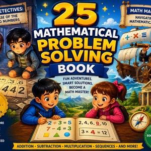 May include: A 25 Mathematical Problem Solving Book cover featuring cartoon children solving equations, a pirate ship, and a library. Text includes Math Detectives, Math Magellan, Fun Adventures, Smart Solutions, Become a Math Master, and more.