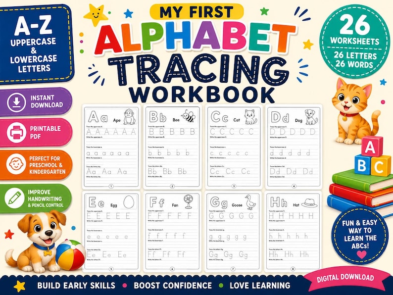 Alphabet Tracing Workbook Printable PDF, A-Z Letter Practice, Uppercase ...