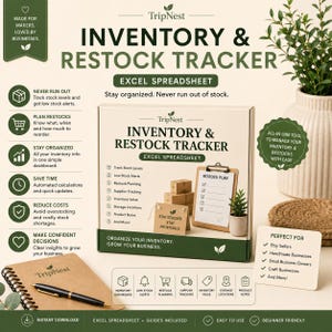 以下が含まれることがあります： TripNestの在庫および再入荷追跡用Excelスプレッドシート。パッケージには「Inventory & Restock Tracker」、「Stay Stocked Stay Profitable」、「Restock Plan」などのテキストが記載されています。在庫レベル、アラート、計画、サプライヤー追跡用のアイコンが含まれています。