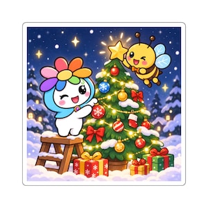 May include: A sticker featuring a white character with a rainbow flower hat standing on a wooden stool to decorate a Christmas tree, while a yellow bee flies above to place a gold star on top. The scene includes red and green gifts on snow.