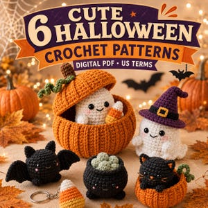 Peut inclure: Une collection de modèles numériques PDF intitulée 6 CUTE HALLOWEEN CROCHET PATTERNS présentant des figurines au crochet dont un fantôme blanc dans une citrouille, un fantôme avec un chapeau de sorcière violet, une chauve-souris et un chaudron.