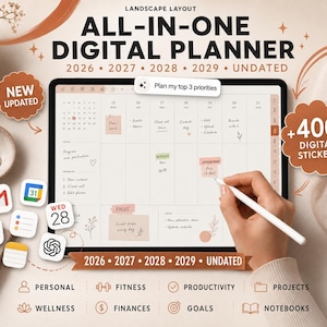 Könnte beinhalten: Ein digitales Tablet mit einem All-in-One-Digitalplaner im Querformat, der die Jahre 2026 bis 2029 sowie undatierte Optionen umfasst. Der Bildschirm zeigt einen Wochenplan, Aufgabenlisten und Notizen sowie 400 digitale Aufkleber.