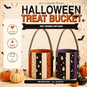 Peut inclure: Un patron de couture PDF pour un seau à friandises d'Halloween comprenant deux seaux en tissu matelassé avec des anses à carreaux noirs et blancs. Un seau présente des motifs de fantômes orange et noirs, l'autre des lunes et étoiles.