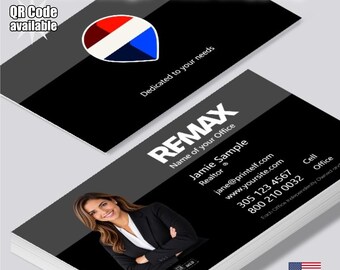 Tarjetas de presentación personalizadas para agentes inmobiliarios de RE/MAX, con foto personalizada y código QR (mate o brillante).