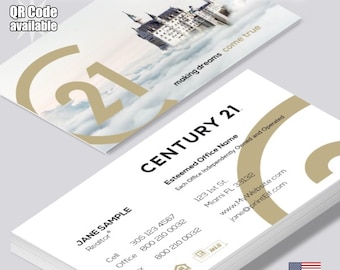 Tarjetas de presentación personalizadas para agentes inmobiliarios de Century 21, con foto y código QR (mate o brillante).