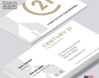 Tarjetas de presentación personalizadas para agentes inmobiliarios de Century 21, con foto y código QR (mate o brillante).