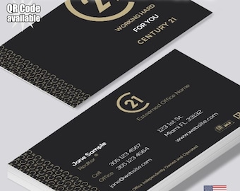 Tarjetas de presentación personalizadas para agentes inmobiliarios de Century 21, con foto y código QR (mate o brillante).