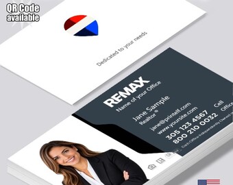 Tarjetas de presentación personalizadas para agentes inmobiliarios de RE/MAX, con foto personalizada y código QR (mate o brillante).